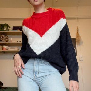 Oversized sweater with navy, red, and cream chevron